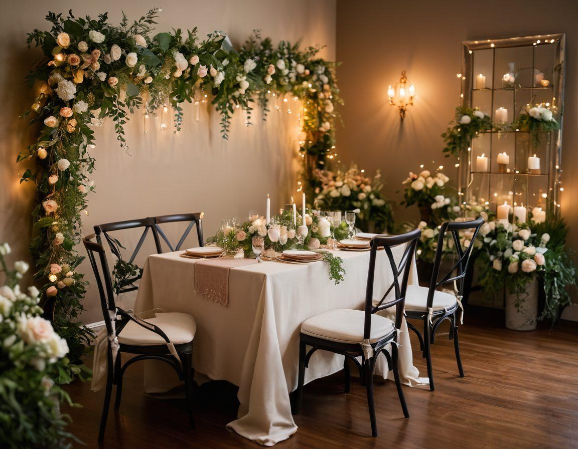 A beautifully styled romantic event space featuring soft, dim lighting, elegant table settings with floral arrangements, and cozy seating areas. Include accents like twinkling fairy lights, candles, and delicate decorations that evoke love and warmth. Capture a couple enjoying the ambiance, framed by lush greenery and enchanting decor elements. soft-focus. vibrant colors. warm tones.