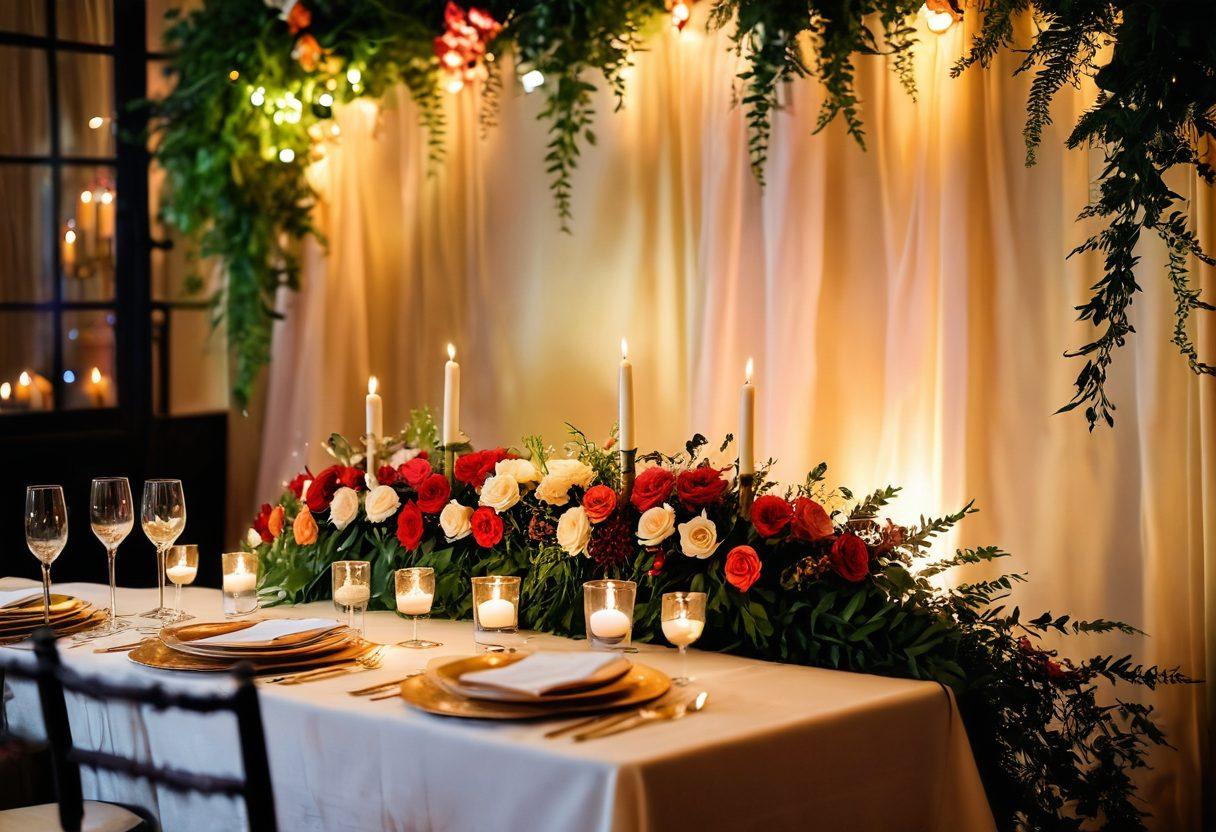 A beautifully set intimate table for two, adorned with elegant floral arrangements and soft candlelight, capturing the essence of passion and devotion in event decor. A backdrop of lush greenery and ambient fairy lights adds warmth to the scene, evoking a sense of romantic intimacy. The colors should be rich and inviting, creating an atmosphere of celebration and love. super-realistic. vibrant colors. soft focus.