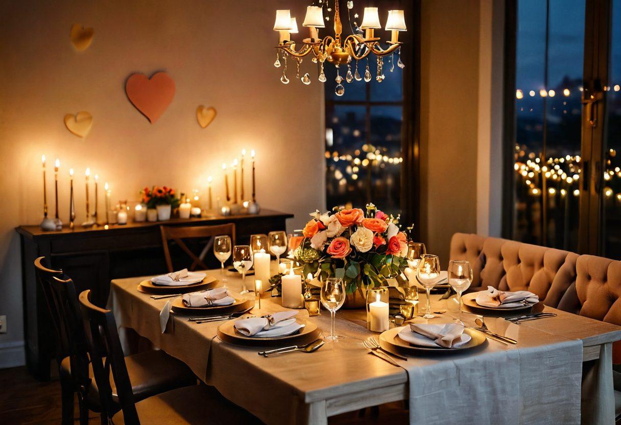 A cozy and intimate dining setup adorned with soft candles, fresh flowers, and elegantly arranged tableware, set against a warm, inviting backdrop. Include hints of romantic decorations like fairy lights and heart-shaped accents for a celebratory feel. The scene should evoke feelings of love and togetherness, perfect for any romantic occasion. vibrant colors. soft lighting. super-realistic.